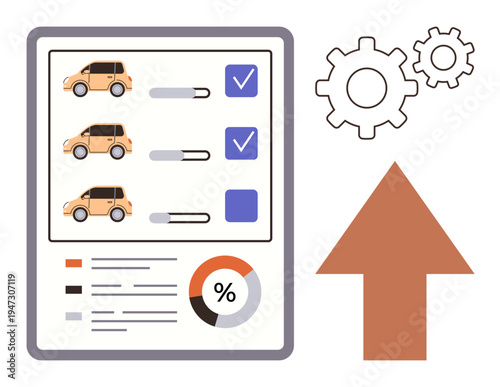 Automotive maintenance, progress tracking, goal setting, data analysis, task management, productivity enhancement. Illustrated checklist with cars, progress sliders and gear icons. Automotive