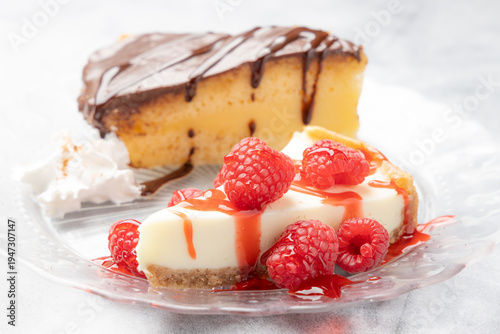 Raspberry cheesecake and Boston cream cake dessert plate