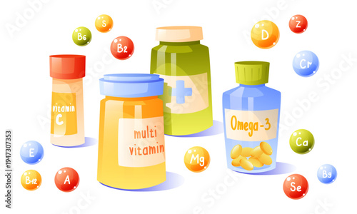 Omega-3 and multivitamin supplement bottles, healthcare nutrition illustration