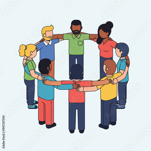 Diverse group of people standing in a circle, arms linked.