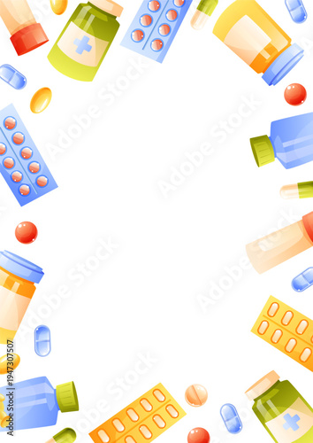 Pharmacy Bottles and Blister Packs Border Frame with Copy Space