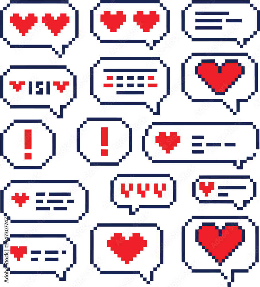 Fototapeta premium Pixel Art Speech Bubbles with Hearts and Exclamation Marks on White Background 