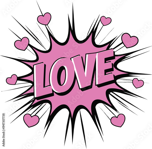 Pink Comic Book Style LOVE Explosion with Hearts on White Background  