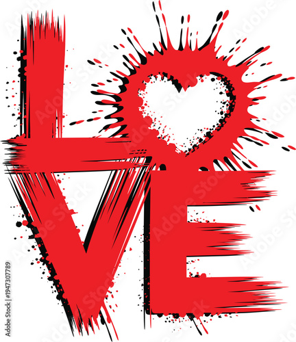 Red and Black Splatter Paint LOVE Word with Heart Shape on White Background