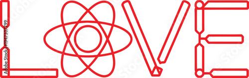 Red Atomic Atom Symbol Love Word Art on White Background 