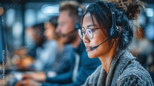 emergency call center team of women operators working with computers and headsets to coordinate urgent assistance dispatch services and reliable public safety communication