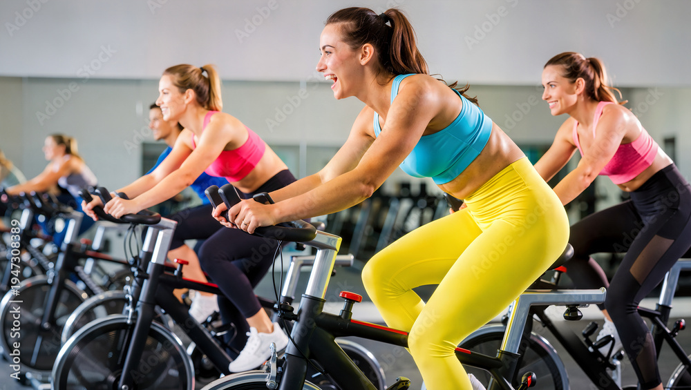 Fototapeta premium Energetic Women in Indoor Cycling Class, Fitness Motivation