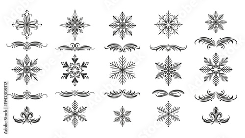 Intricate geometric snowflakes with diverse symmetrical patterns and designs Vector