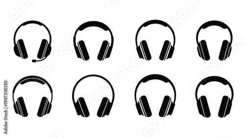 Collection of diverse headphone designs displayed in a uniform arrangement Vector