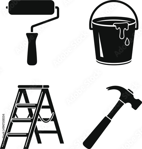 Collection of four black silhouette icons representing essential home improvement and DIY tools including a paint roller a bucket with dripping paint a stepladder and a hammer