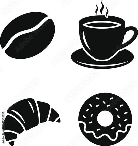 Collection of stylized black graphic icons representing a single coffee bean a steaming cup of coffee on a saucer a flaky croissant pastry and a frosted doughnut 
