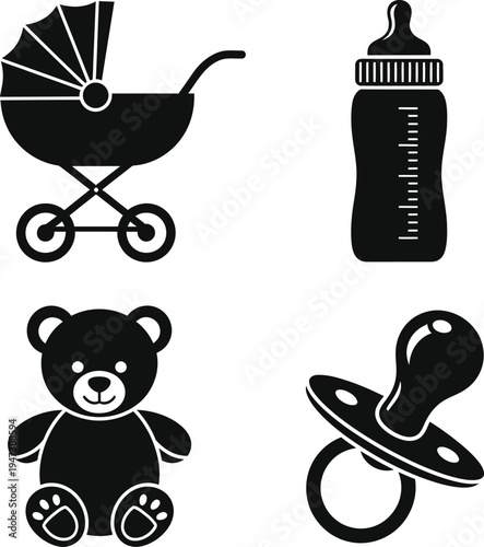 A delightful collection of babyrelated icons featuring a classic stroller a measurement marked baby bottle a cuddly teddy bear and a soothing pacifier 