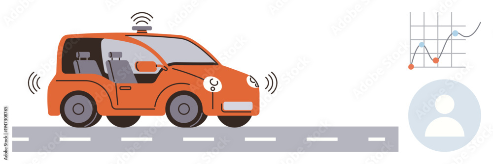 Naklejka premium Autonomous vehicles, smart transportation, data analysis, AI technology, connectivity systems, mobility solutions. Self-driving car emitting signals, graph and user icon. Autonomous vehicles smart