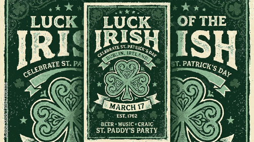 Vintage inspired st patrick's day celebration poster with green and gold shamrock designs ornate text and festive march 17 details