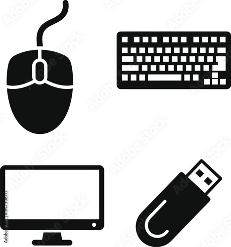 A collection of four black computer peripheral icons including a wired computer mouse a fullsized keyboard a desktop monitor and a flash drive 
