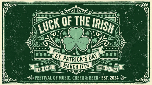 Vintage inspired st patrick's day festival poster with green shamrock design ornate frame and march 17th details