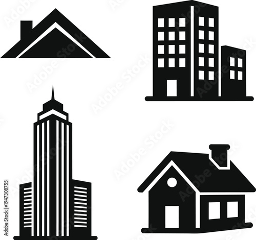 Collection of simplified black building icons representing various architectural styles including a residential house a multistory apartment complex a tall skyscraper and a roof silhouette suitable 
