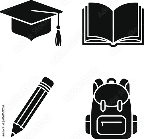 Set of stylized educational icons including a graduation cap with a tassel an open book a pencil and a backpack 
