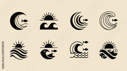 A collection of stylized icons depicting various moon phases and celestial weather symbols Vector
