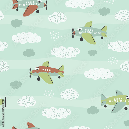 Cartoon airplanes flying in clouds with various textures. Childish seamless pattern with cute planes. Blue, green, brown colors. Vector design for printing on fabric and paper. Endless wallpaper.