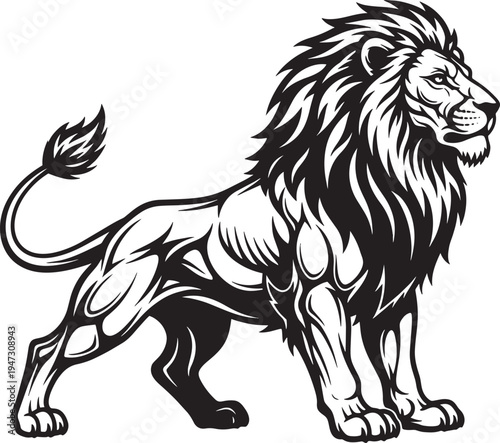 Majestic black and white illustration of a regal lion standing proudly isolated on transparent background