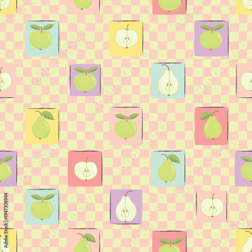 Apples and pears seamless pattern. Whole and halved fruits in squares with grunge edges. Cartoon objects on retro check background. Print on fabric, paper. Vector design for textile. Endless wallpaper