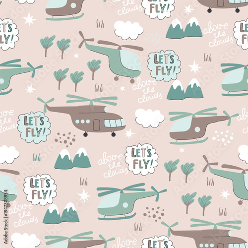 Flying helicopters seamless pattern. Cartoon landscape background with hand written, clouds, trees, mountains, stars. Blue, brown, beige colors. Vector print on fabric and paper. Endless wallpaper.