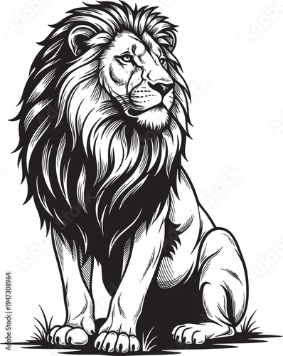 Majestic lion sitting calmly in a serene natural setting with detailed mane illustration isolated on transparent background