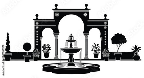 An elegant garden fountain with architectural elements and sculpted greenery rendered as a striking silhouette high quality professional detailed modern stylish