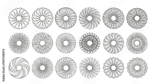 Intricate geometric patterns of interconnected circular designs with varying complexity Vector