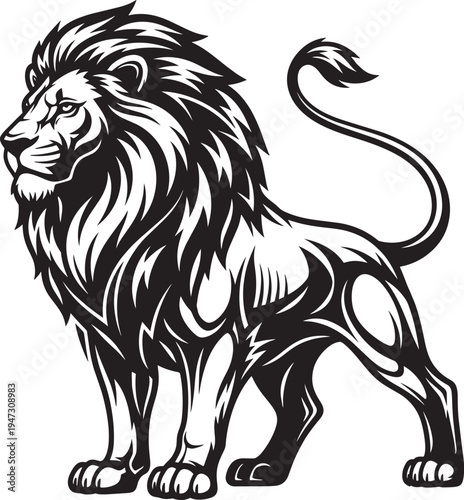 Majestic black and white illustration of a regal lion standing proudly isolated on transparent background