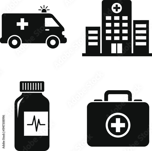 A collection of black medical service icons including an ambulance hospital building medicine bottle with electrocardiogram symbol and a first aid kit all presented 