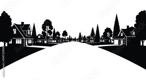 A quiet tree lined suburban street stretches ahead depicted in a stark black and white silhouette high quality professional detailed modern elegant