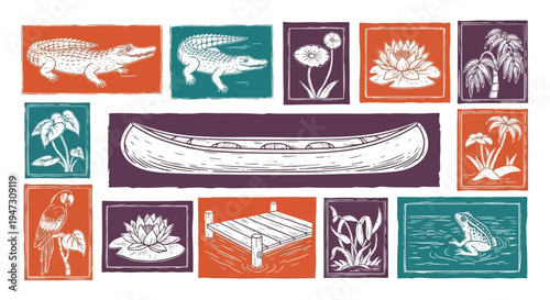 A comprehensive set of linocut-style graphic icons featuring swamp wildlife, aquatic plants, a wooden dock, and a central canoe, organized in a colorful, modern grid composition.