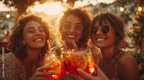 three women enjoying spritz cocktails at sunset on bar terrace during summer vacation cheerful friendship celebration in golden light relaxed outdoor leisure atmosphere