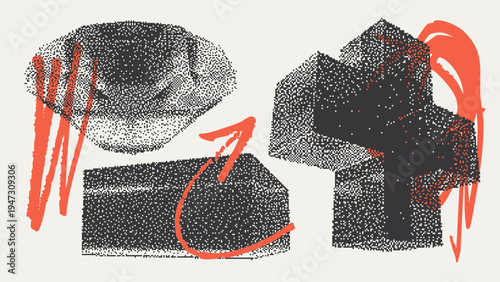 Geometric Shapes Set With Vector Bitmap Dithering Texture.