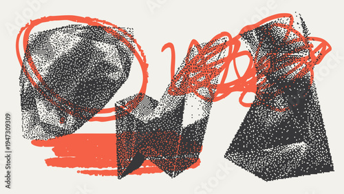 Geometric Shapes Set With Vector Bitmap Dithering Texture.