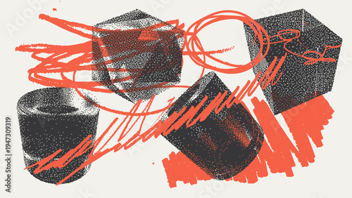 Geometric Shapes Set With Vector Bitmap Dithering Texture.