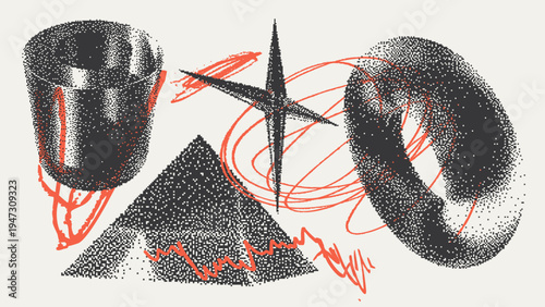 Geometric Shapes Set With Vector Bitmap Dithering Texture.