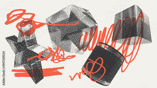 Geometric Shapes Set With Vector Bitmap Dithering Texture.