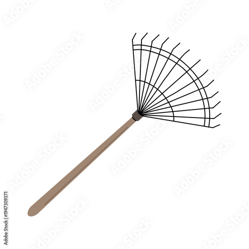 Simple flat illustration of a garden rake with a wooden handle and metal tines. Ideal for gardening, landscaping, yard work, farming, and outdoor maintenance concepts.