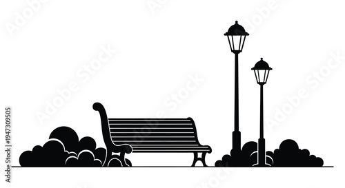 A minimalist park scene depicts a bench and two ornate lampposts presented as a striking silhouette high quality professional detailed modern
