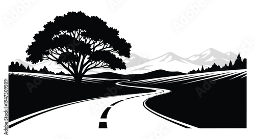 A winding road leads toward distant mountains beneath a large tree presented as a striking silhouette high quality professional detailed modern