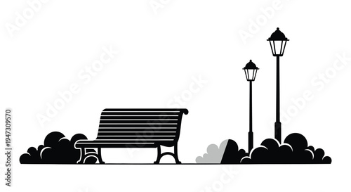 A minimalist black and white image depicts a park bench bushes and lampposts presented as a silhouette high quality professional detailed