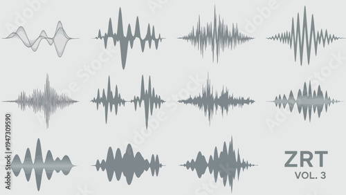 Waveform patterns of varying audio frequencies displayed as visual sound waves Vector