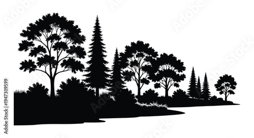 A striking black and white silhouette of a forest landscape along a shoreline capturing natural beauty silhouette high quality professional detailed