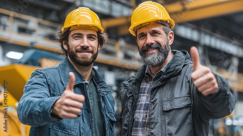 two industrial workers in hard hats standing by monitor in factory as experienced foreman mentors young engineer trainee with thumbs up and supportive workplace guidance