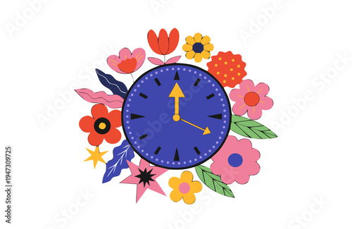 Spring forward daylight saving time concept with clock and flowers