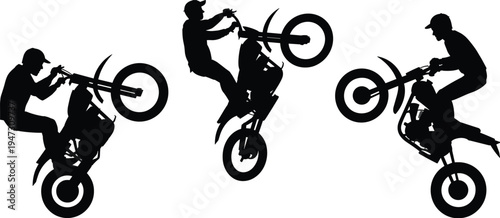 Black silhouettes of motocross riders performing wheelies and stunts on dirt bikes isolated on a white background for extreme sports.