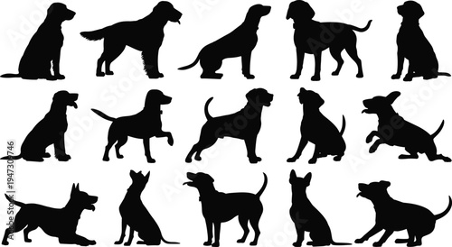 Black silhouettes of domestic pets including cats and dogs in various poses like sitting, jumping, and playing isolated on white background